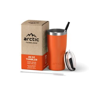 arctic tumblers | 20 oz orange insulated tumbler with straw & cleaner - retains temperature up to 24hrs - non-spill splash proof lid, double wall vacuum technology, bpa free & built to last