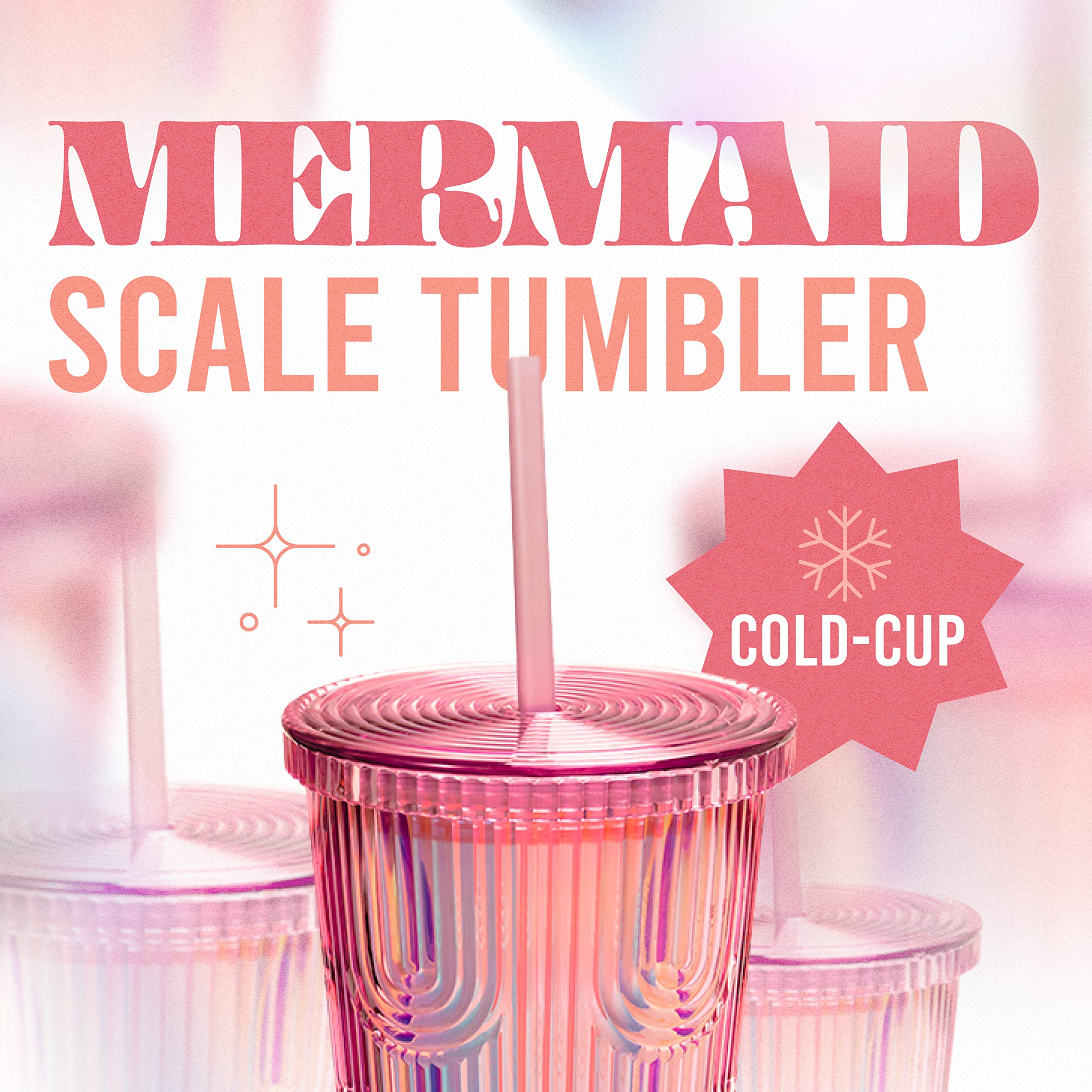 WEST & FIFTH Mermaid Scale Tumbler with Lid & Straw- Fashion, Trendy, Holographic & Iridescent Water Bottle- BPA Free Plastic Cold Cup- 24 Ounces (Peach, Holographic)