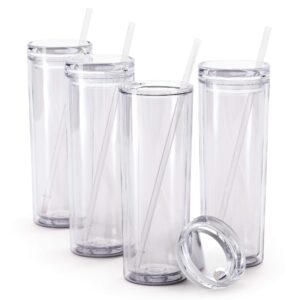 maars skinny acrylic tumbler with lid and straw | 18oz premium insulated double wall plastic reusable cups - clear, 4 pack