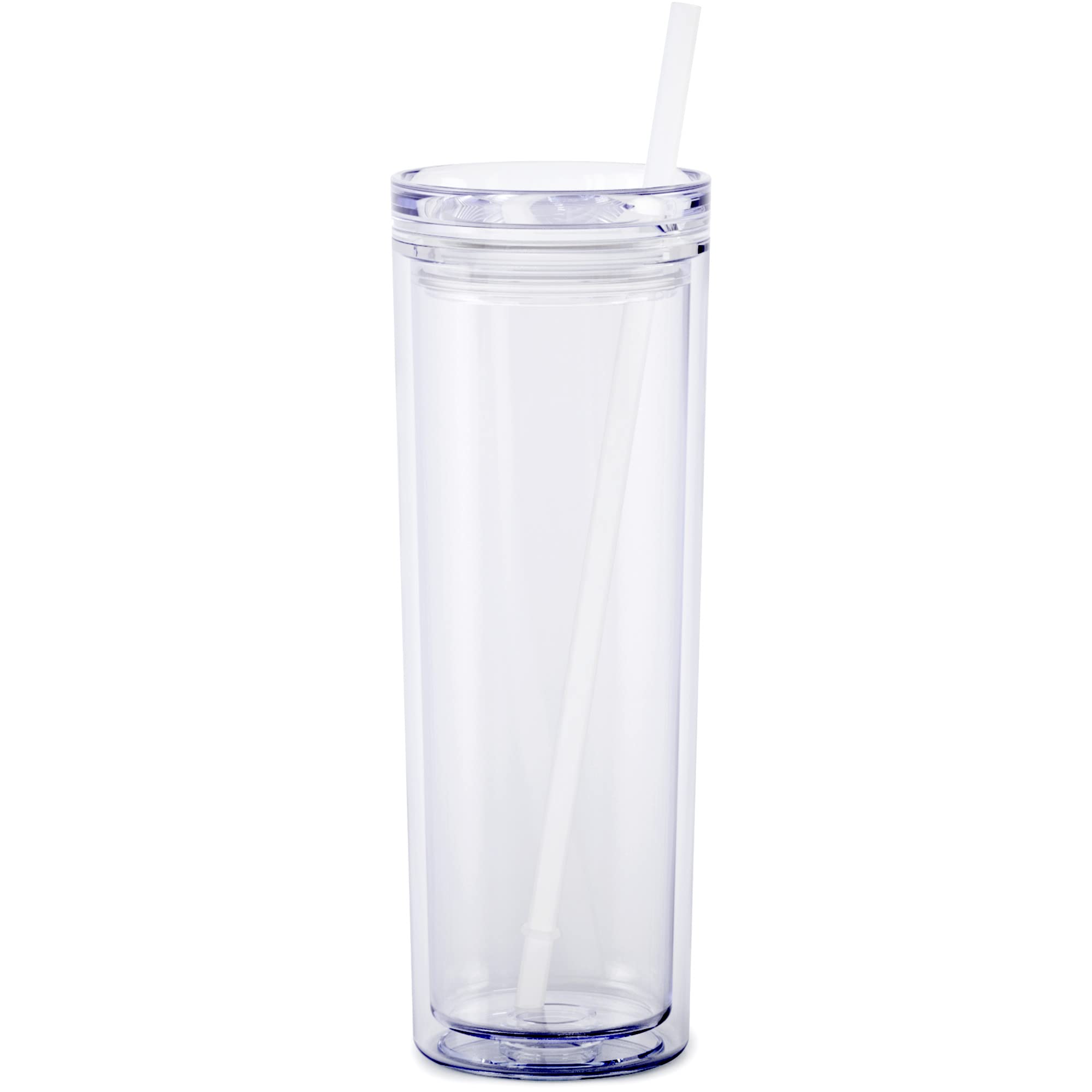 Maars Skinny Acrylic Tumbler with Lid and Straw | 18oz Premium Insulated Double Wall Plastic Reusable Cups - Clear, 4 Pack