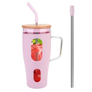 zukro 40 oz glass tumbler with bamboo lid and straw, glass water drinking cup with handle, boba straw, time marker, large glass iced coffee cup with silicone sleeve, bpa free, lilac