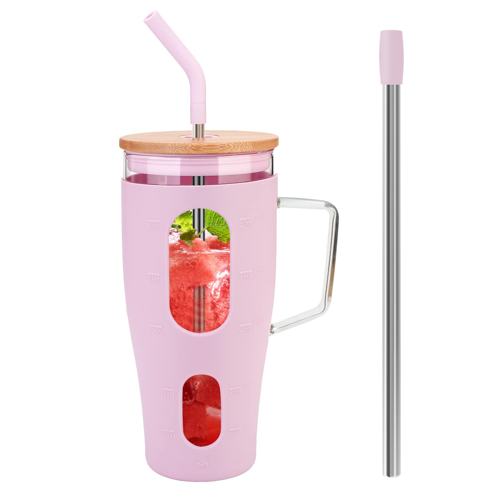 Zukro 40 oz Glass Tumbler with Bamboo Lid and Straw, Glass Water Drinking Cup With Handle, Boba Straw, Time Marker, Large Glass Iced Coffee Cup with Silicone Sleeve, BPA Free, Lilac