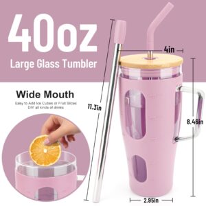 Zukro 40 oz Glass Tumbler with Bamboo Lid and Straw, Glass Water Drinking Cup With Handle, Boba Straw, Time Marker, Large Glass Iced Coffee Cup with Silicone Sleeve, BPA Free, Lilac