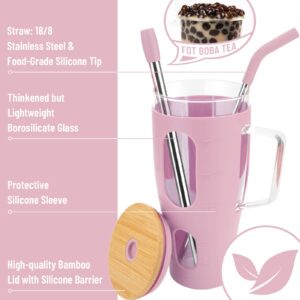 Zukro 40 oz Glass Tumbler with Bamboo Lid and Straw, Glass Water Drinking Cup With Handle, Boba Straw, Time Marker, Large Glass Iced Coffee Cup with Silicone Sleeve, BPA Free, Lilac