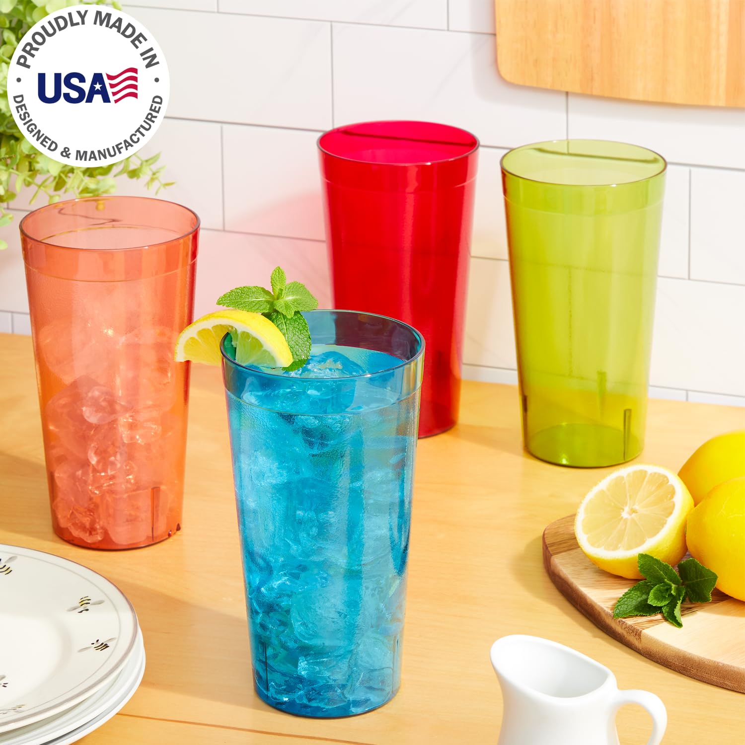 US Acrylic Café Plastic Reusable Tumblers (Set of 12) 32-ounce Iced-Tea Cups, Assorted | Value Set of Restaurant Style Drinking Glasses, Stackable, BPA-free, Made in the USA | Top-rack Dishwasher Safe