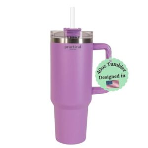 practical pours 40 oz tumbler with handle and straw lid | reusable stainless steel water bottle travel mug cupholder friendly | mother's day gifts for women men him her | lavender purple, 40oz