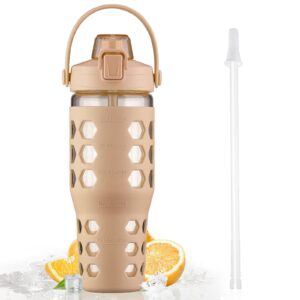 mukoko 32oz glass tumbler with straw and lid,glass water bottles with time marker,iced coffee cup,silicone sleeve,leakproof,bpa free-amber