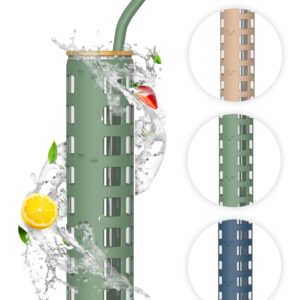purifyou 32 oz Glass Tumbler with Straw, Bamboo Lid & Protective Silicone Sleeve Glass Tumbler with Volume & Time Markings for Hot & Iced Coffee, Smoothie, Boba Tea (Shale Green)