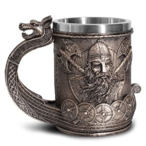 ottalent noric viking ship draon drakkar beer mug stainless steel liner, bronze color viking warrior coffee cup stein for collectible gift 17oz.
