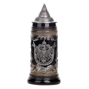 aeiddrwaa 0.6 liter charcoal black ceramic stein beer mug with medieval germany eagle coat of arms on engraved metal medallion
