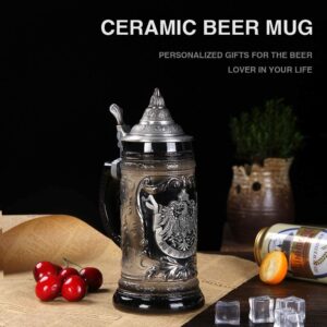 AEIDDRWAA 0.6 Liter Charcoal Black Ceramic Stein Beer Mug with Medieval Germany Eagle Coat of Arms on Engraved Metal Medallion