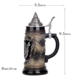 AEIDDRWAA 0.6 Liter Charcoal Black Ceramic Stein Beer Mug with Medieval Germany Eagle Coat of Arms on Engraved Metal Medallion