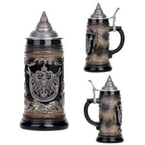 AEIDDRWAA 0.6 Liter Charcoal Black Ceramic Stein Beer Mug with Medieval Germany Eagle Coat of Arms on Engraved Metal Medallion