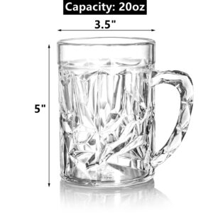 Peohud 6 Pack Plastic Beer Mugs, 20 Oz Beer Stein Glasses with Handle, Clear Large Beer Drinking Cups for Bar, Cocktail, Alcohol, Beverages, Milk, Juice, Soda