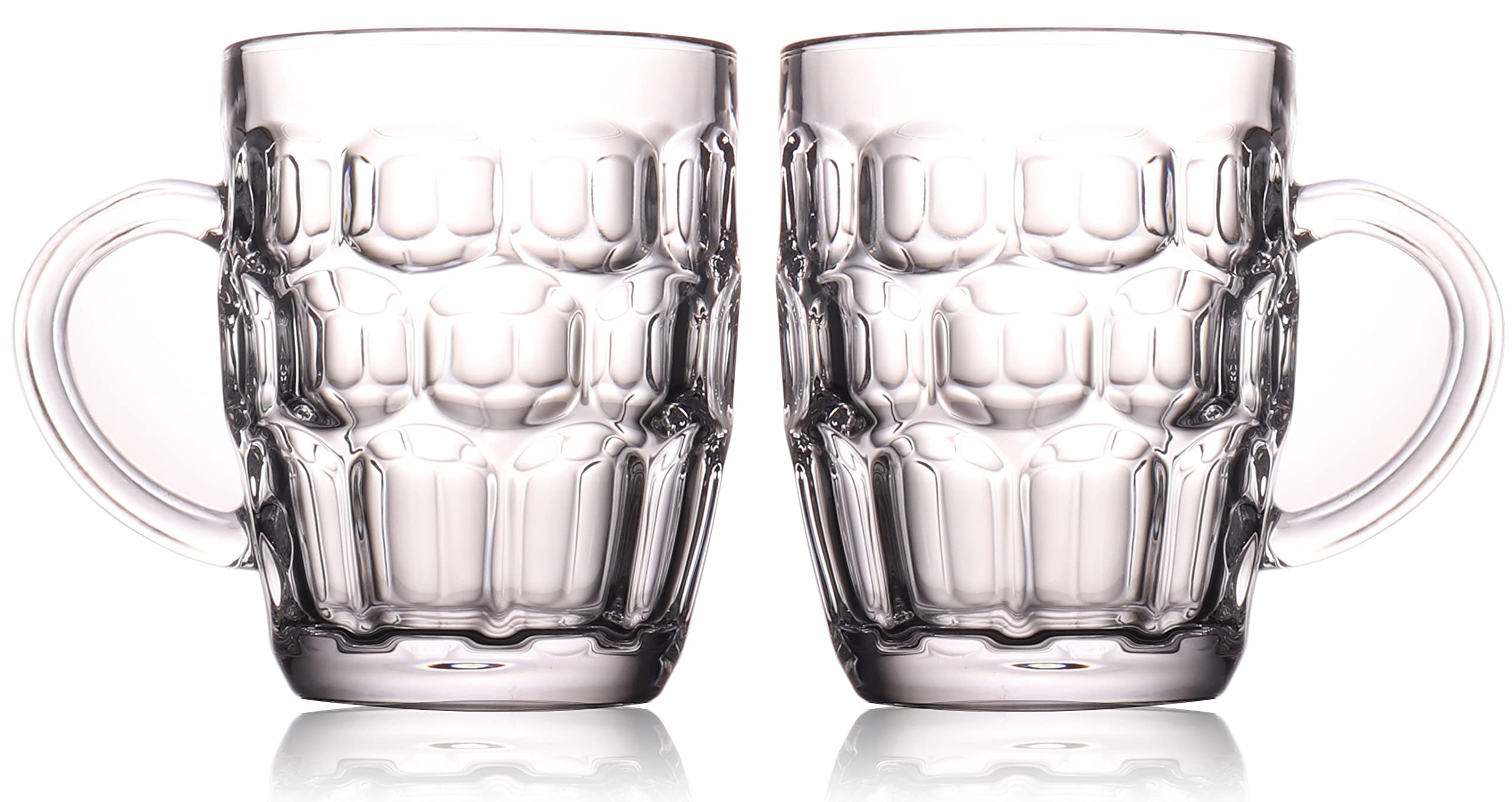 BothEarn 1 Pint Dimpled Beer Mug Set of 2 - Heavy British Pub Thick Glass with Handle - Stein Cup for Beer Lover in Home Party BBQ