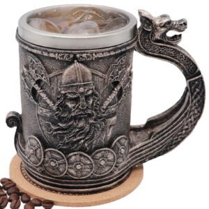 wokhach medieval viking mug beer stein tankard,stainless steel drinking tankard mug coffee cup,norse mythology poetic gothic decor party decoration drinkware gift for men18oz(drakkar warrior)