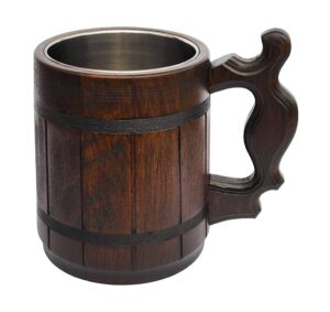 etno motif handmade wood mug 20 oz stainless steel cup carved natural beer stein old-fashioned brown - wood carving beer mug of wood wooden beer tankard capacity: 20oz (600ml) - great gift idea