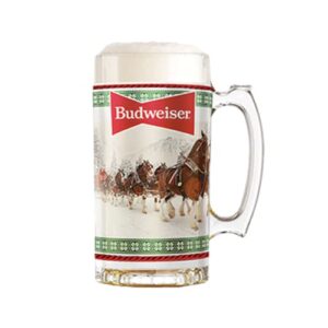 budweiser 2021 holiday glass stein, glass beer mug with clydesdale horses, holds 16 ounces, for men, father, husband