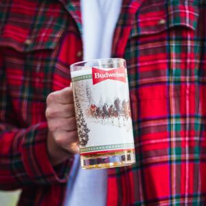 Budweiser 2021 Holiday Glass Stein, Glass Beer Mug with Clydesdale Horses, Holds 16 Ounces, for Men, Father, Husband