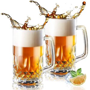 momugs 32 ounces beer stein mugs - 2 pack extra large german style clear tall beer glasses for men - heavy duty thick glass with handle