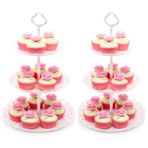 imillet cupcake stand, cupcake holder dessert stand white cake stand 3 tiered tray stand plastic reusable cupcake tower for wedding birthday baby shower tea party decorations (2 pack large)