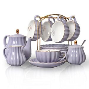 porcelain tea sets british royal series, 8 oz cups& saucer service for 6, with teapot sugar bowl cream pitcher teaspoons and tea strainer for tea/coffee, pukka home(purple)