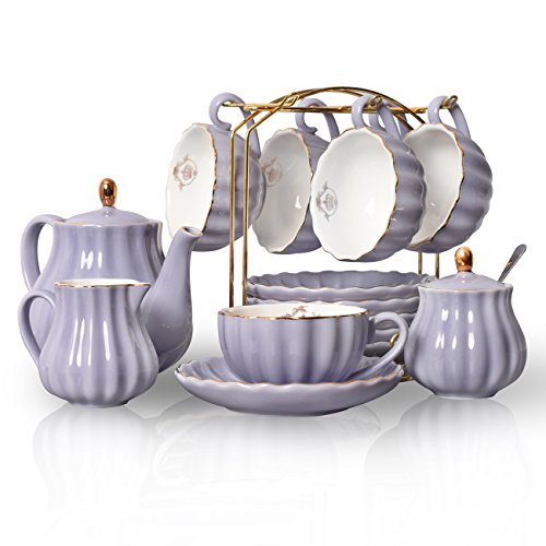 Porcelain Tea Sets British Royal Series, 8 OZ Cups& Saucer Service for 6, with Teapot Sugar Bowl Cream Pitcher Teaspoons and tea strainer for Tea/Coffee, Pukka Home(purple)