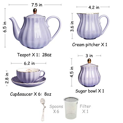 Porcelain Tea Sets British Royal Series, 8 OZ Cups& Saucer Service for 6, with Teapot Sugar Bowl Cream Pitcher Teaspoons and tea strainer for Tea/Coffee, Pukka Home(purple)