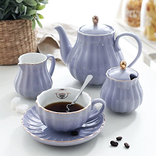 Porcelain Tea Sets British Royal Series, 8 OZ Cups& Saucer Service for 6, with Teapot Sugar Bowl Cream Pitcher Teaspoons and tea strainer for Tea/Coffee, Pukka Home(purple)