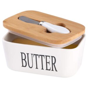 lxmons ceramic butter dish with wooden lid, large butter container keeper storage with stainless steel butter knife spreader, bamboo cover and silicone sealing ring for west east coast butter, white