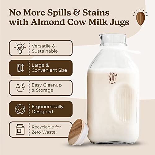 Almond Cow - Glass Pitcher with Lid and Spout, Bottle for Refrigerator, Clear Milk Jug , Food-Grade Glass Liquid Container, 60 fl oz Capacity, 5 x 4 x 10 Inches