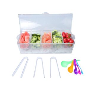 mortime ice chilled condiment server with 5 removable compartments, clear sauce caddy serving tray container with lid, set of 5 serving spoons & 3 tongs included