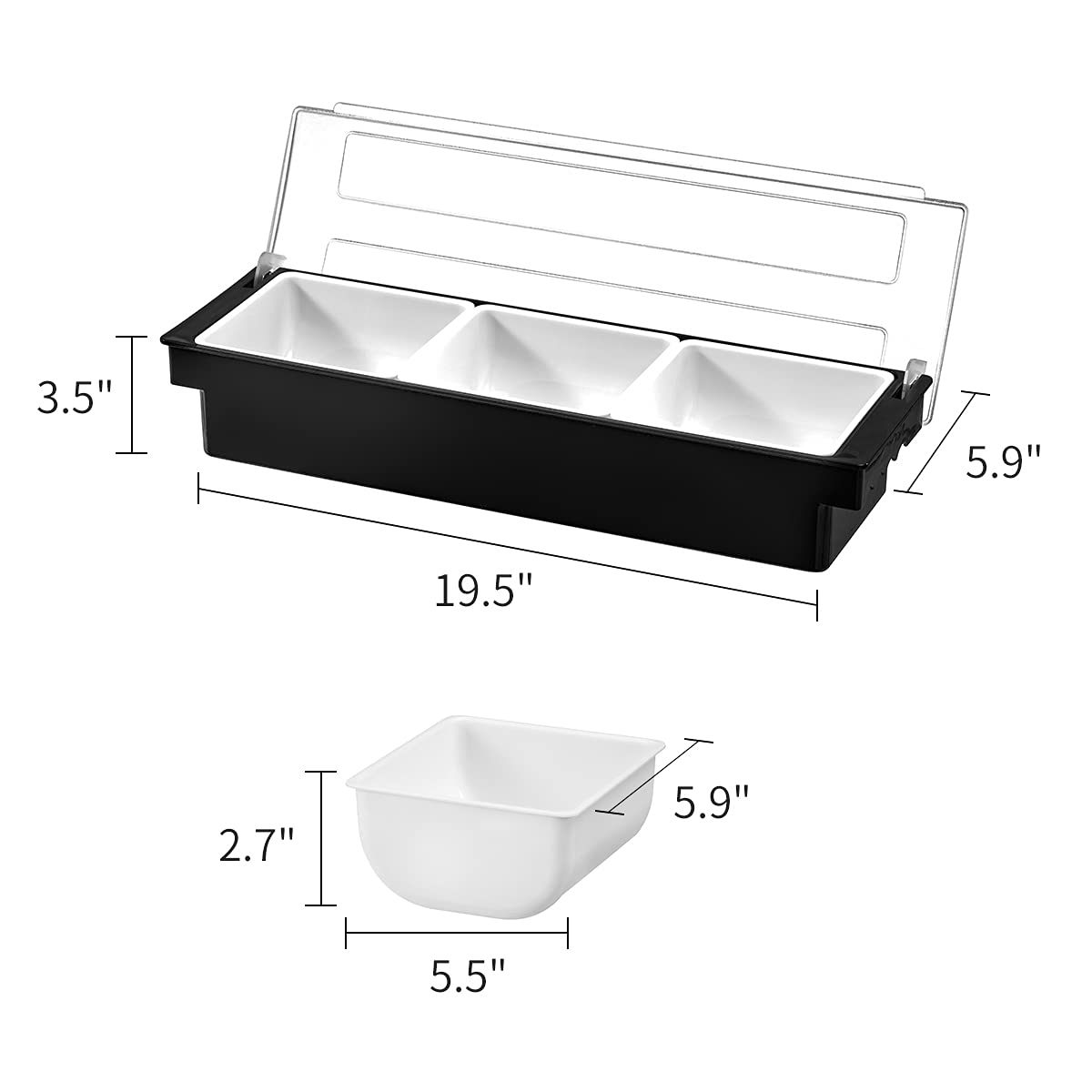 kinsong KINSONG Ice Chilled Serving Tray Condiment Pots 3 Compartment Condiment Server Caddy (Black, 3 Compartments)