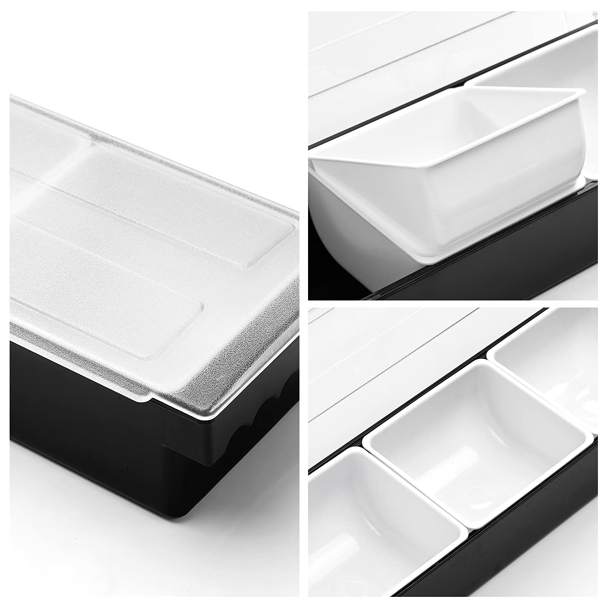 kinsong KINSONG Ice Chilled Serving Tray Condiment Pots 3 Compartment Condiment Server Caddy (Black, 3 Compartments)