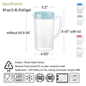 0.63 Gallon/2.4 Litre Plastic Pitcher with Lid BPA-FREE Eco-Friendly Carafes Mix Drinks Water Jug for Hot/Cold Lemonade Juice Beverage Jar Ice Tea Kettle (81oz, Blue)