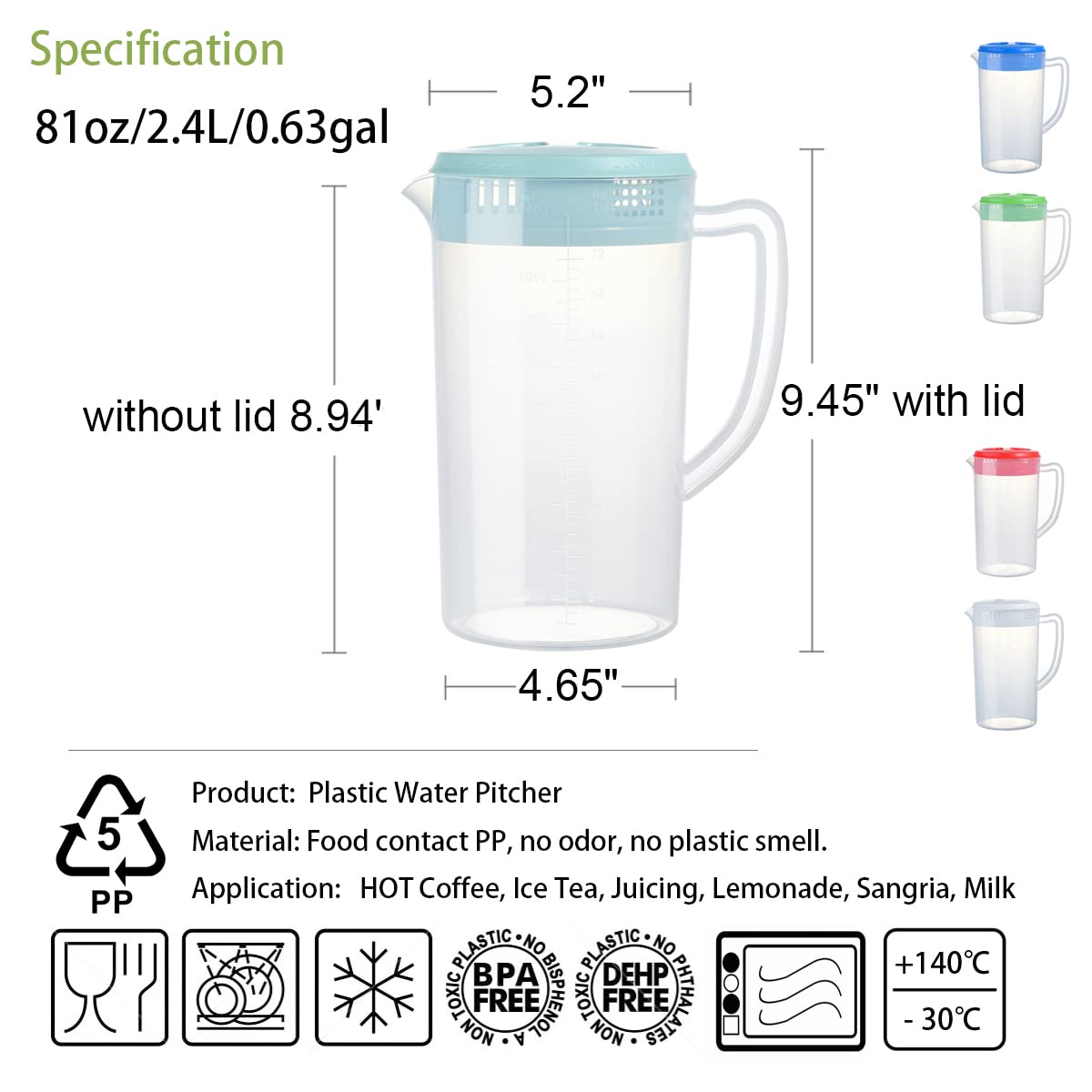 0.63 Gallon/2.4 Litre Plastic Pitcher with Lid BPA-FREE Eco-Friendly Carafes Mix Drinks Water Jug for Hot/Cold Lemonade Juice Beverage Jar Ice Tea Kettle (81oz, Blue)