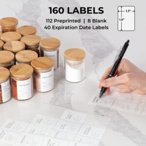 Bloomondo Empty Spice Jars with Label Pack (20x Bamboo Lid Glass Jar). Small 2.5oz Storage Bottles with 112 Printed Stickers and 48 Writable Pantry Labels for Seasoning Containers