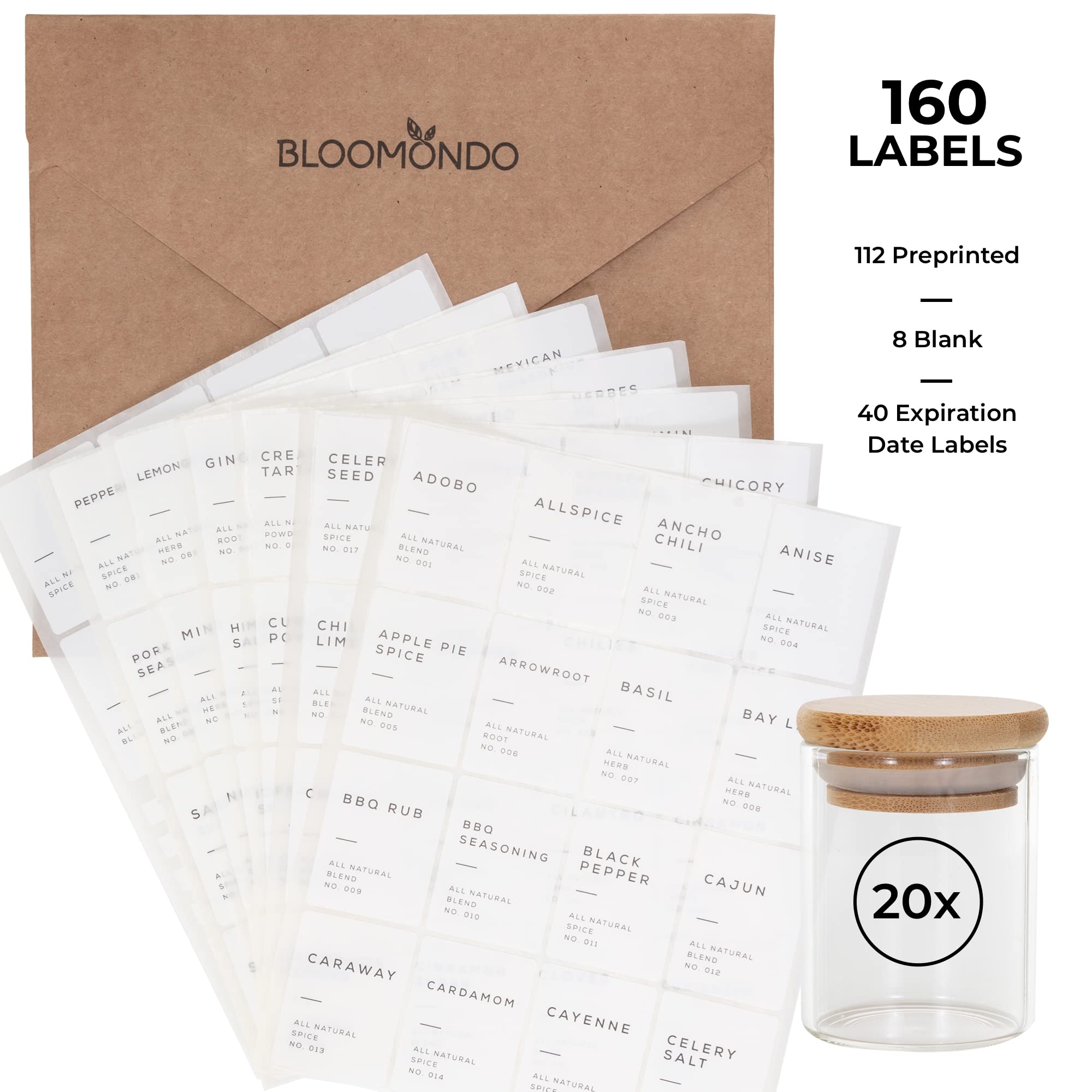 Bloomondo Empty Spice Jars with Label Pack (20x Bamboo Lid Glass Jar). Small 2.5oz Storage Bottles with 112 Printed Stickers and 48 Writable Pantry Labels for Seasoning Containers