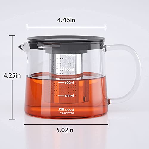 COPOTEA Glass Teapot with Removable Infuser, Tea Pot 1000ml/33OZ Stovetop Safe Tea Kettle for Blooming Tea & Loose Leaf Tea, Premium Tea Maker with Gift Box