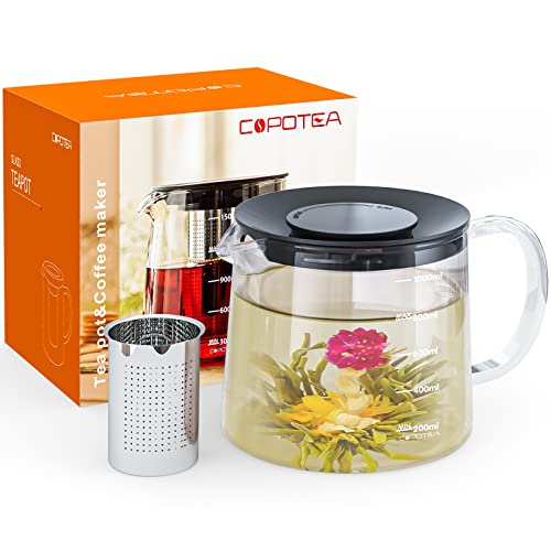 COPOTEA Glass Teapot with Removable Infuser, Tea Pot 1000ml/33OZ Stovetop Safe Tea Kettle for Blooming Tea & Loose Leaf Tea, Premium Tea Maker with Gift Box