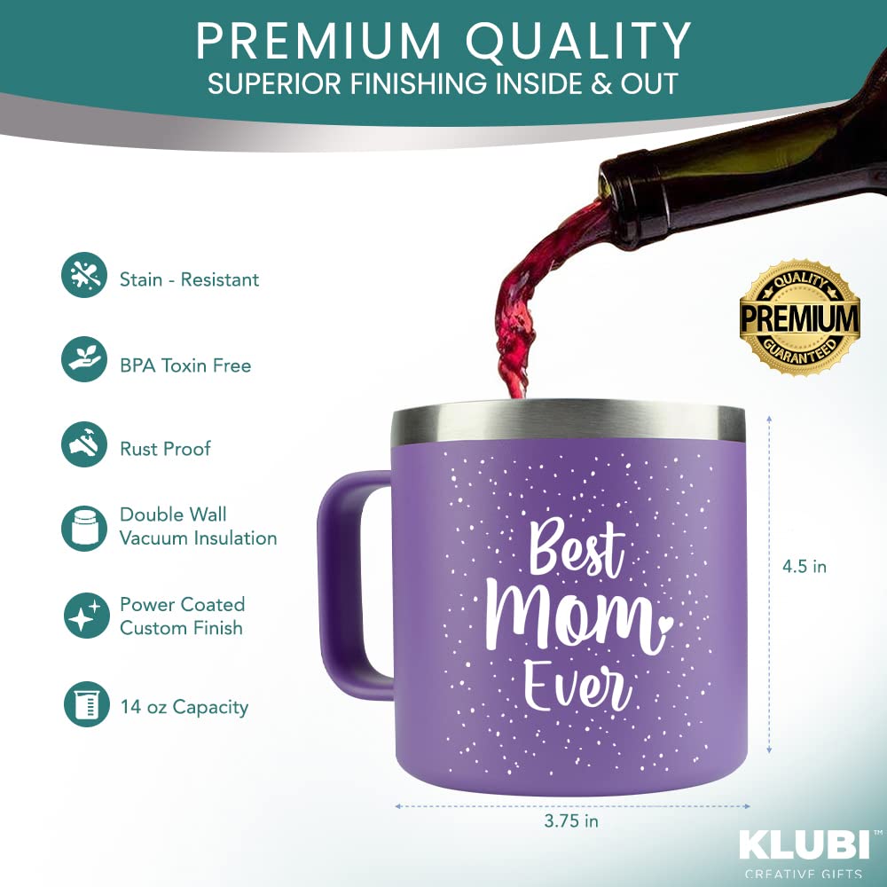 KLUBI Best Mom Ever Gifts - Purple Tumbler/Mug 14oz - Gift Idea for Mothers Day, From Daughter Son, Birthday, Cute