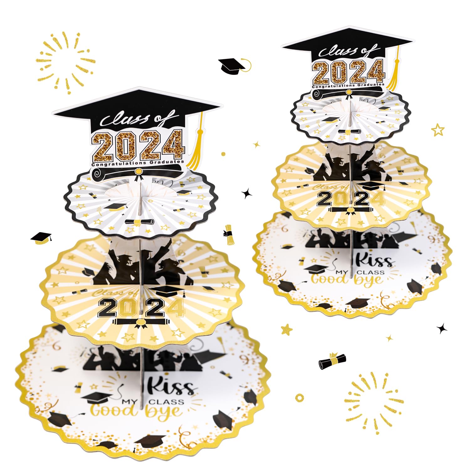 Set of 2 Graduation Cupcake Stand for 50 Cupcakes Black Gold Graduation Cap Decorations Cardboard Cake Dessert Holder Tower for Class of 2024 Congrats Grad Party Supplies