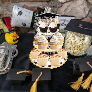 Set of 2 Graduation Cupcake Stand for 50 Cupcakes Black Gold Graduation Cap Decorations Cardboard Cake Dessert Holder Tower for Class of 2024 Congrats Grad Party Supplies