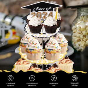 Set of 2 Graduation Cupcake Stand for 50 Cupcakes Black Gold Graduation Cap Decorations Cardboard Cake Dessert Holder Tower for Class of 2024 Congrats Grad Party Supplies