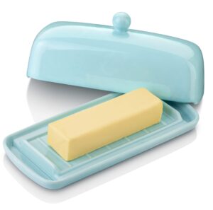nucookery ceramic butter dish with lid | raised legs and non-slip strip design | porcelain health | dishwasher safe, lake blue