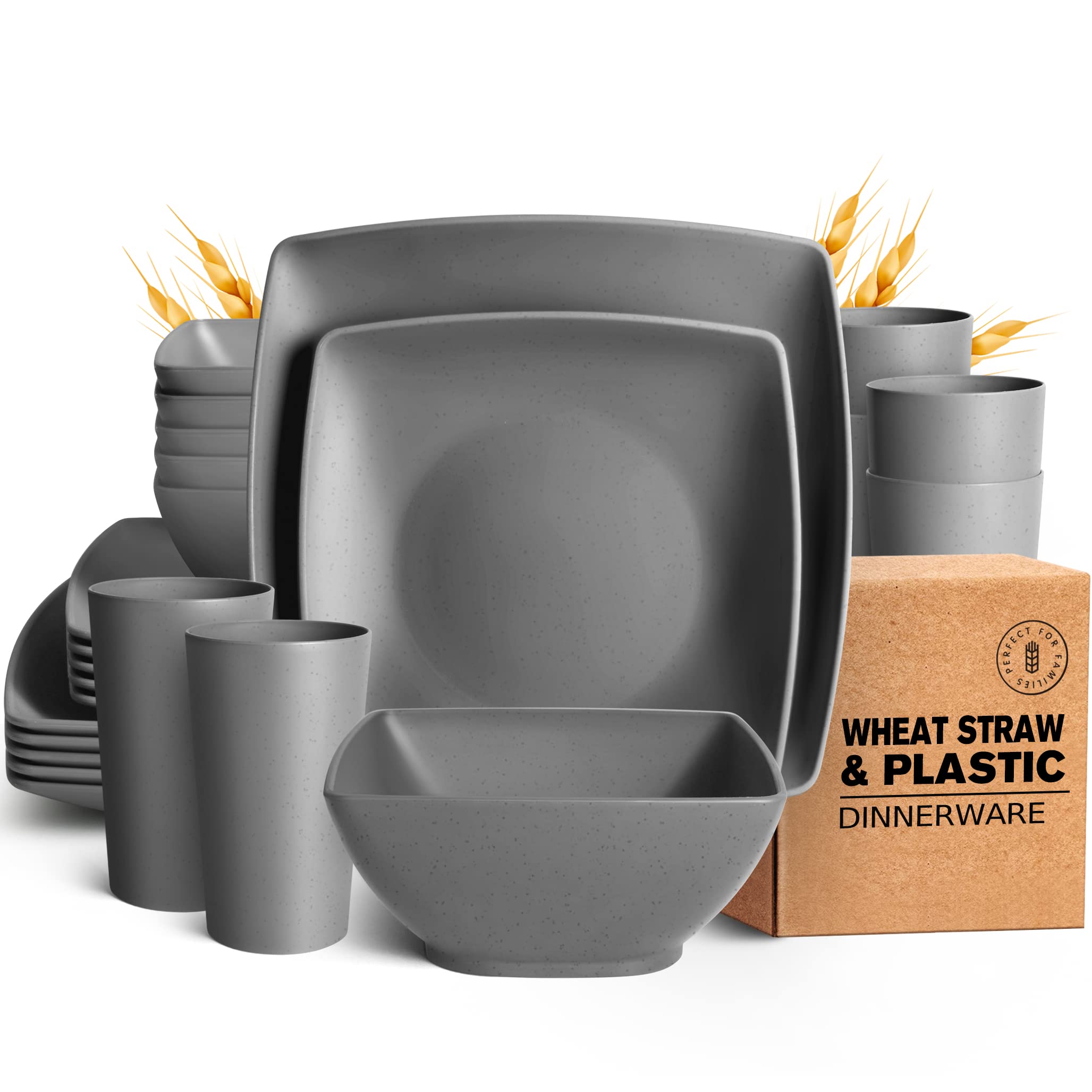 Teivio 24-piece Plastic Wheat Straw Square Dinnerware Set for 6, Unbreakable Dinner Plates, Salad Plates, Snack Bowls, Tumblers 20 oz, Dishwasher Safe (Service for 6 (24 pieces), Grey)