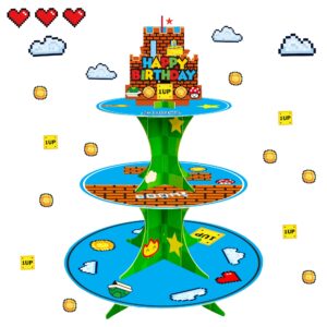 Super Brother Cupcake Stand Video Games Birthday Theme Party Supplies for Kids Birthday Cake Cupcake Decoration 3 Tier Cardboard Service Trays