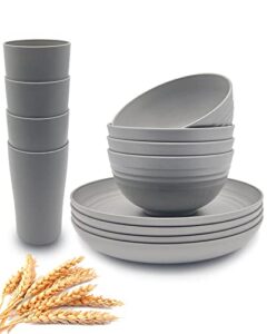 kitwild wheat straw dinnerware sets, 12-piece lightweight plastic dinnerware set with 8.9 inch unbreakable plates, bowl set and cup set, bpa free, dishwasher & microwave safe, service for 4 - grey