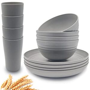 KITWILD Wheat Straw Dinnerware Sets, 12-Piece Lightweight Plastic Dinnerware Set with 8.9 Inch Unbreakable Plates, Bowl Set and Cup Set, BPA free, Dishwasher & Microwave Safe, Service for 4 - Grey