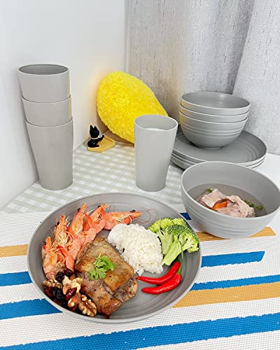 KITWILD Wheat Straw Dinnerware Sets, 12-Piece Lightweight Plastic Dinnerware Set with 8.9 Inch Unbreakable Plates, Bowl Set and Cup Set, BPA free, Dishwasher & Microwave Safe, Service for 4 - Grey